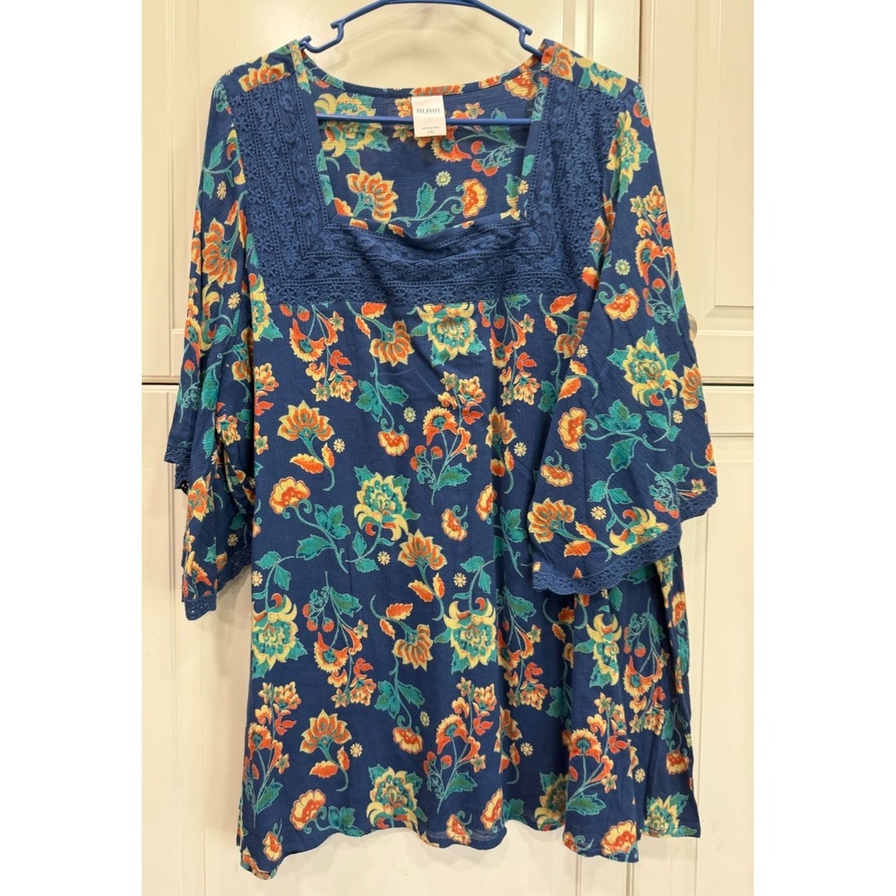 Blair Womens 2XL Blue Floral Cotton Top With Lace Detail Made In India